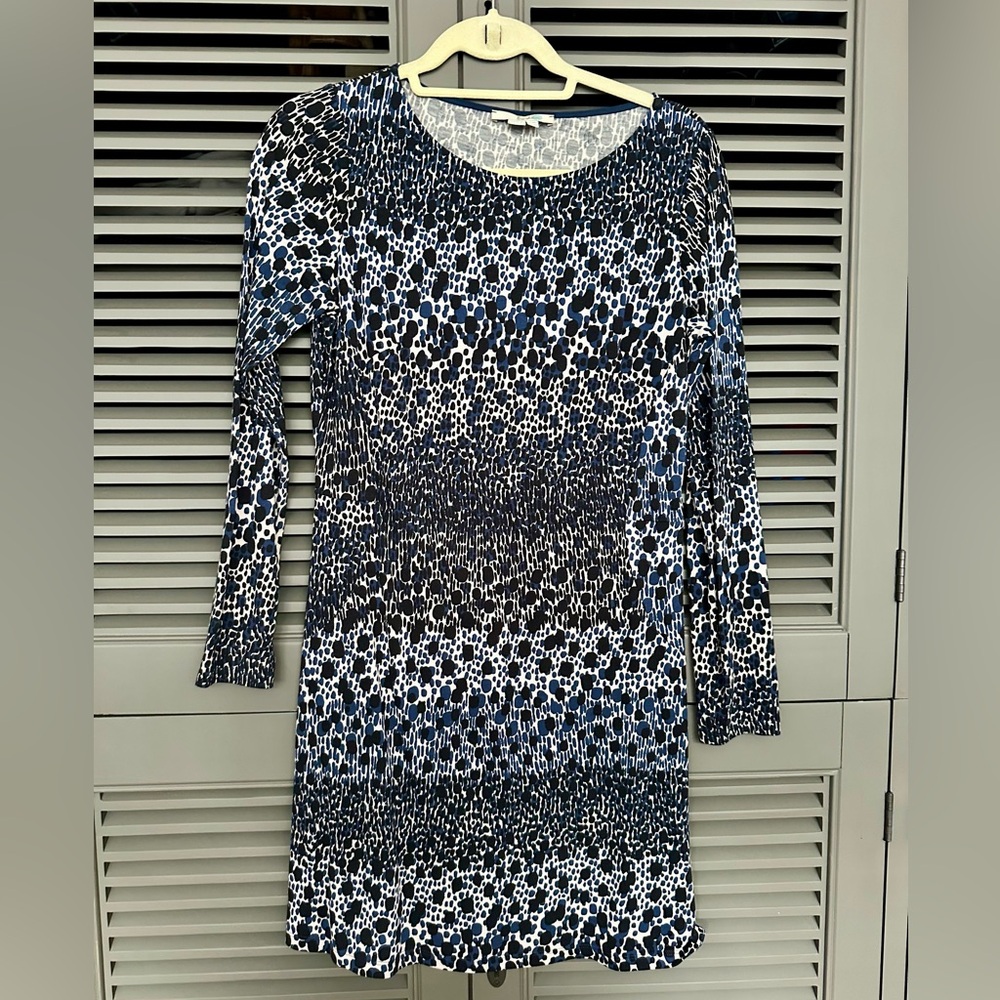Boden Knit Jersey dress, blue dot print. size 6